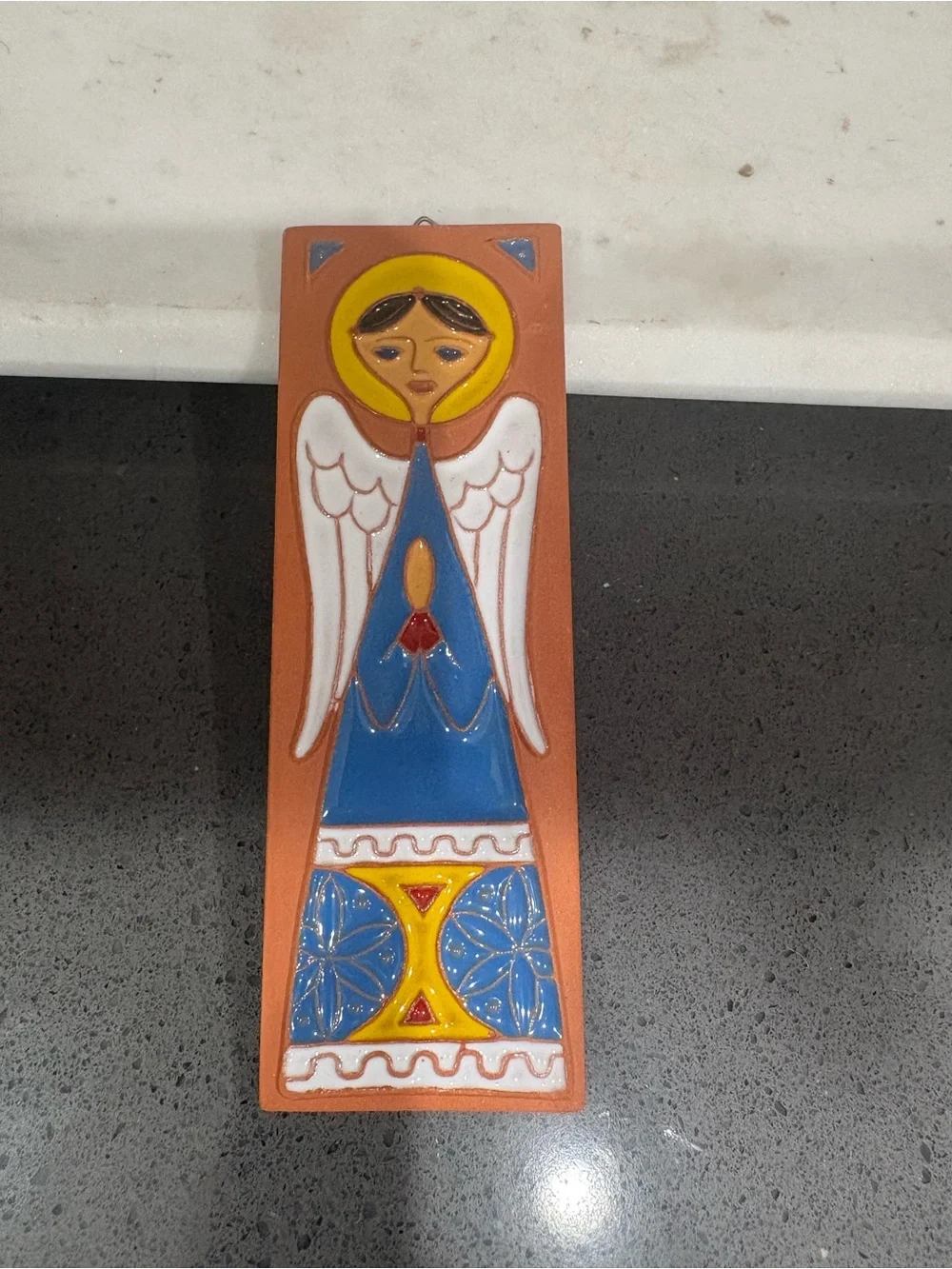Hand-Painted Terracotta Angel Wall Plaque in Blue, White & Yellow Italy - Picture 5 of 7